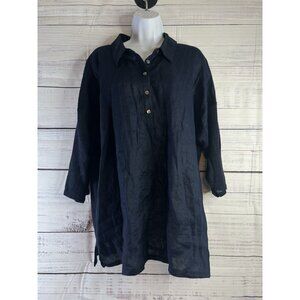 J. Jill  Love Linen Navy Linen Tunic Top  3/4 Knit Sleeve Woven Front